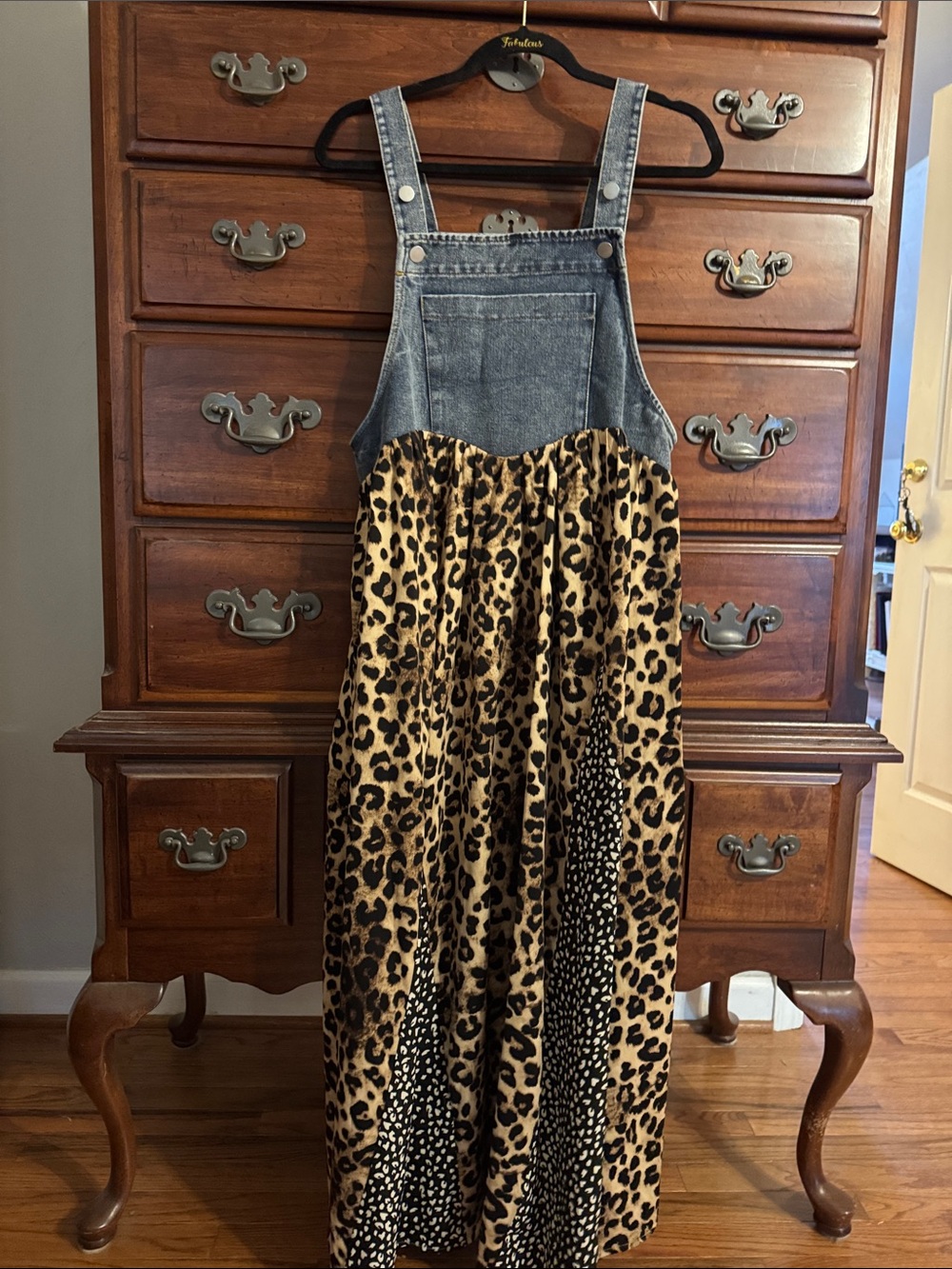 Denim-Top Leopard Print Maxi Dress
